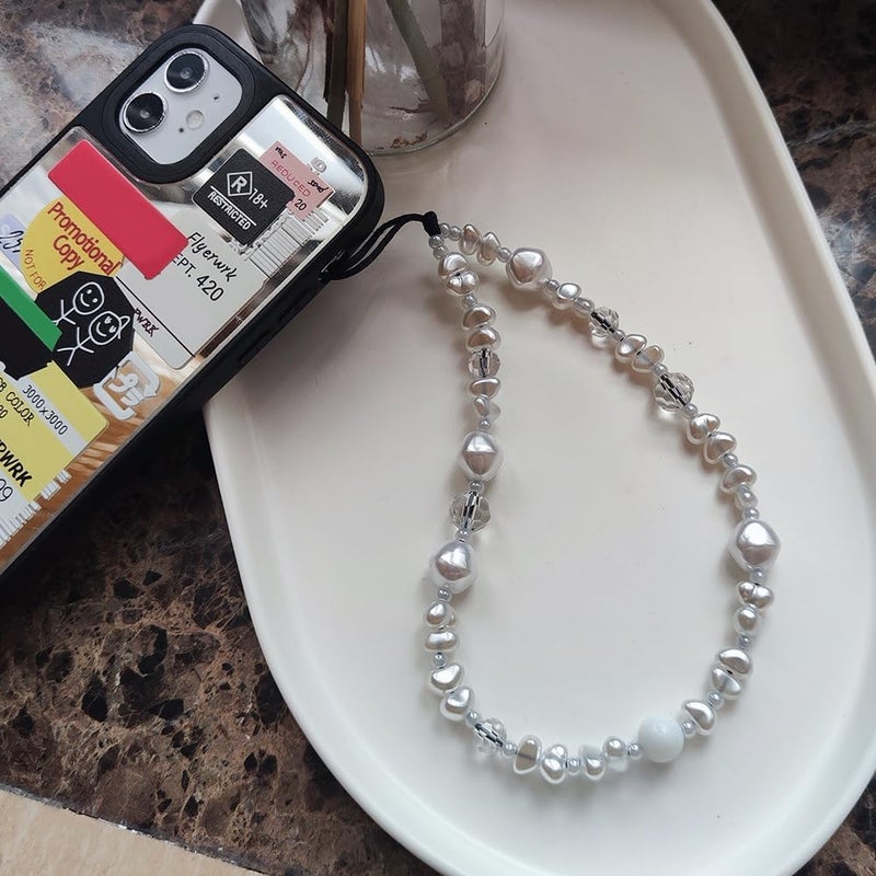 WCCH Beaded Phone Charm Y2K Kawaii Handmade Acrylic Phone Lanyard Wrist Strap for Camera Bag Airpods Keychain Charm Pure White Pearl - Image 2